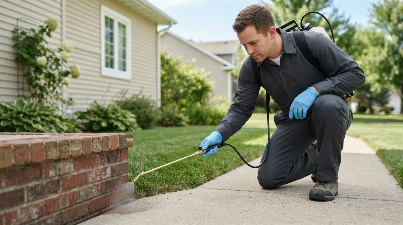 Pest control technician treating a home near Melba, ID